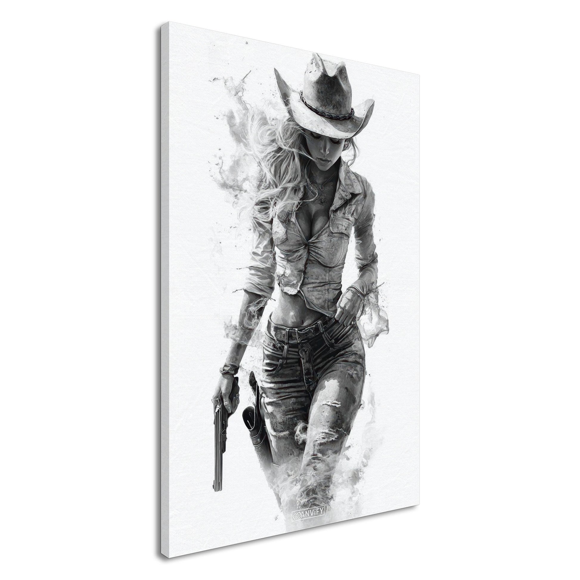 Sexy verführerisches und rebellisches Cowgirl in Schwarz und Weiß auf einer Leinwand