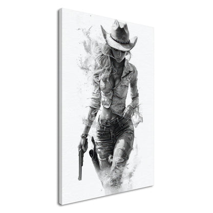 Sexy verführerisches und rebellisches Cowgirl in Schwarz und Weiß auf einer Leinwand