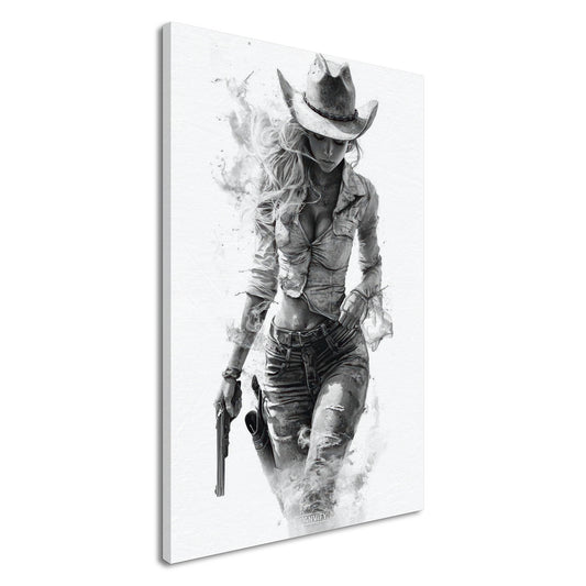 Sexy verführerisches und rebellisches Cowgirl in Schwarz und Weiß auf einer Leinwand