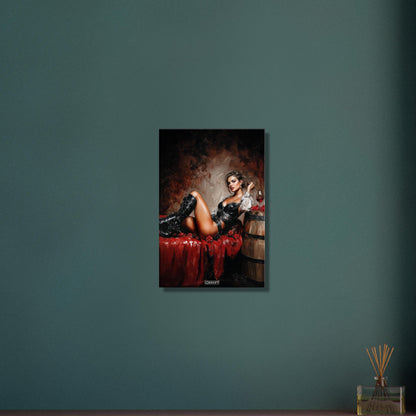 Sexy Frau im Barock Stil mit hohen Stiefeln und einem Glas Rotwein auf dem Bett auf einer Leinwand