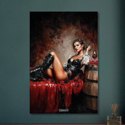 Sexy Frau im Barock Stil mit hohen Stiefeln und einem Glas Rotwein auf dem Bett auf einer Leinwand