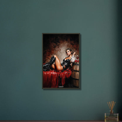 Sexy Frau im Barock Stil mit hohen Stiefeln und einem Glas Rotwein auf dem Bett auf einem Poster im Metallrahmen