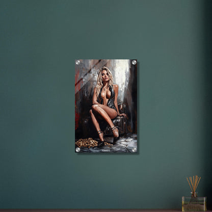 Sexy blonde Frau in schwarzer Jacke und in schwarzen High Heels mit Goldmünzen auf einem Acrylbild