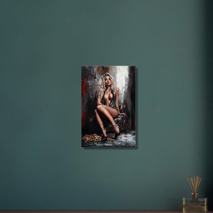 Sexy blonde Frau in schwarzer Jacke und in schwarzen High Heels mit Goldmünzen auf einer Leinwand