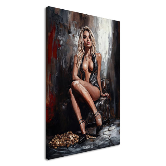 Sexy blonde Frau in schwarzer Jacke und in schwarzen High Heels mit Goldmünzen auf einer Leinwand