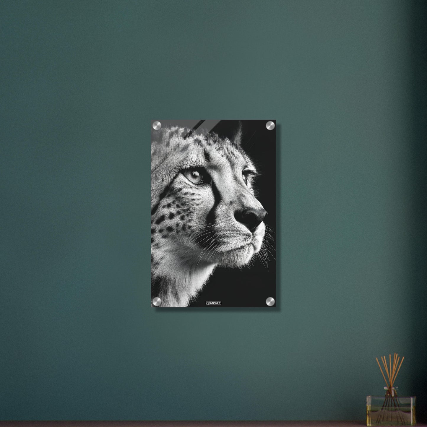 Gepard Portrait in Schwarz und Weiß auf einem Acrylbild