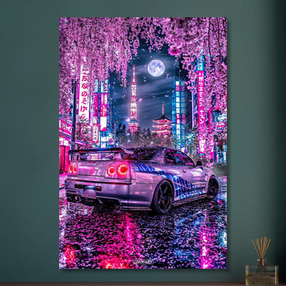 Nissan Skyline R34 GT-R in einer Vollmondnacht in Tokio unter einer Kirschblüte auf Aluminium