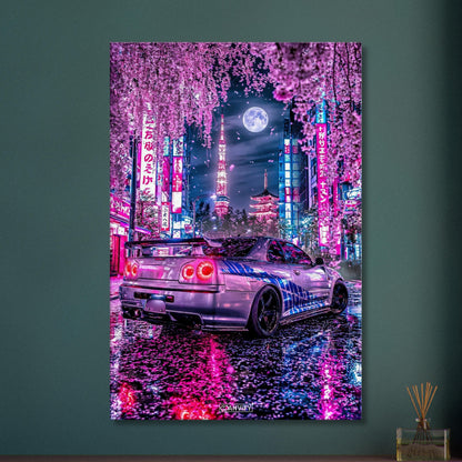 Nissan Skyline R34 GT-R in einer Vollmondnacht in Tokio unter einer Kirschblüte auf einer Leinwand