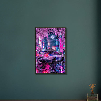 Nissan Skyline R34 GT-R in einer Vollmondnacht in Tokio unter einer Kirschblüte auf einem Poster im Metallrahmen