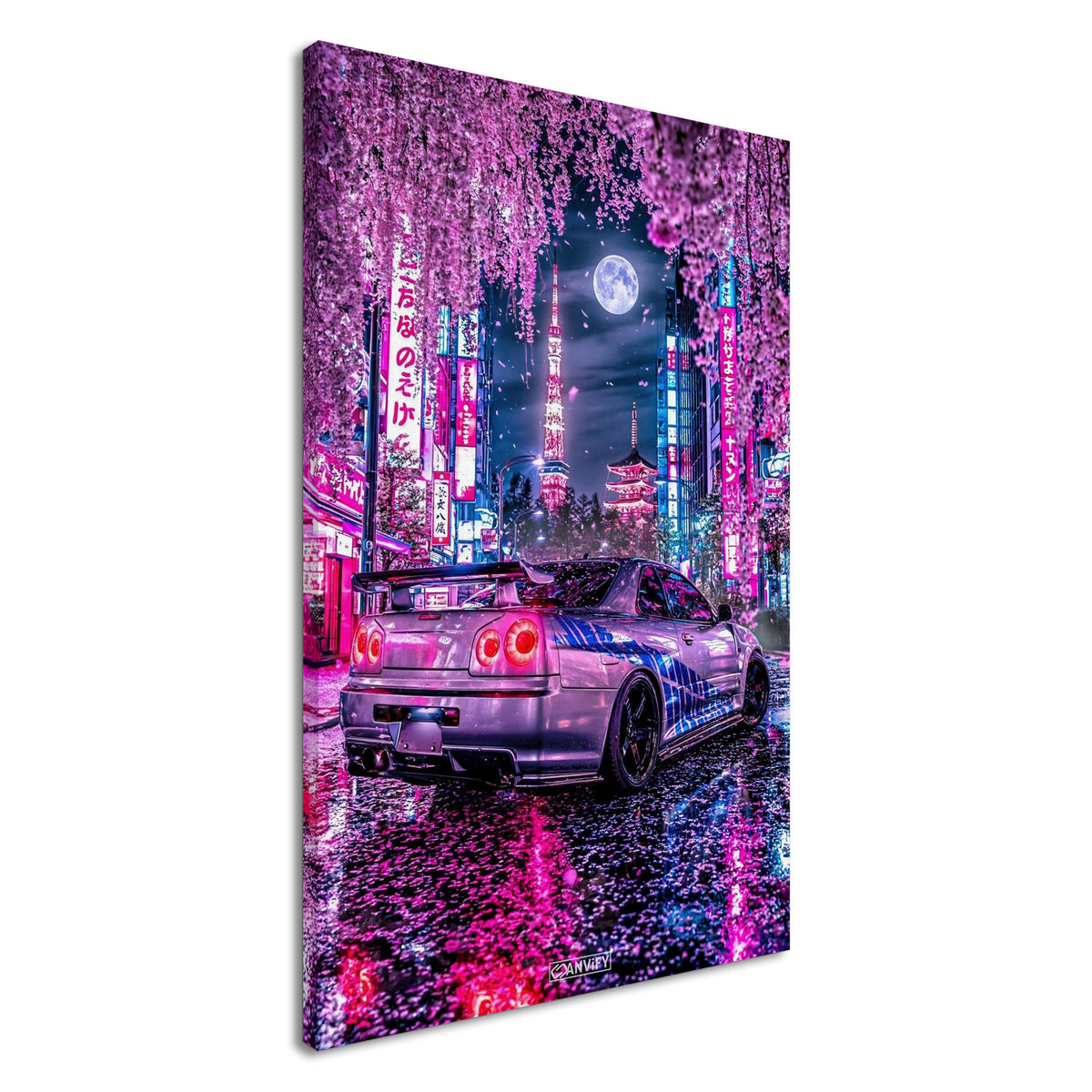 Nissan Skyline R34 GT-R in einer Vollmondnacht in Tokio unter einer Kirschblüte auf einer Leinwand