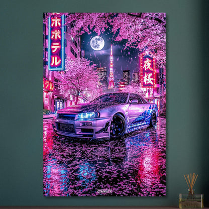Nissan Skyline R34 GT-R in einer Vollmondnacht in Tokio unter einer Kirschblüte auf Aluminium