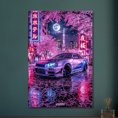 Nissan Skyline R34 GT-R in einer Vollmondnacht in Tokio unter einer Kirschblüte auf einer Leinwand