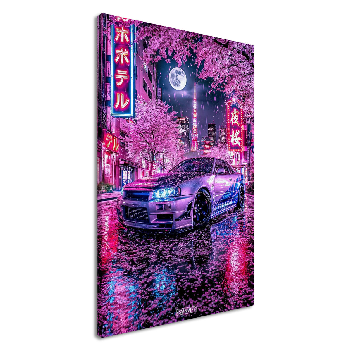Nissan Skyline R34 GT-R in einer Vollmondnacht in Tokio unter einer Kirschblüte auf einer Leinwand