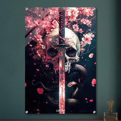 Totenkopf mit einem Katana, Blumen in Rosarot und einer Schlange auf einem Acrylbild