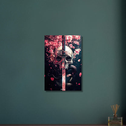 Totenkopf mit einem Katana, Blumen in Rosarot und einer Schlange auf Aluminium