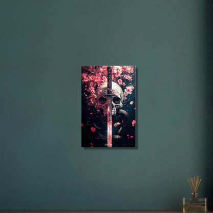Totenkopf mit einem Katana, Blumen in Rosarot und einer Schlange auf einer Leinwand