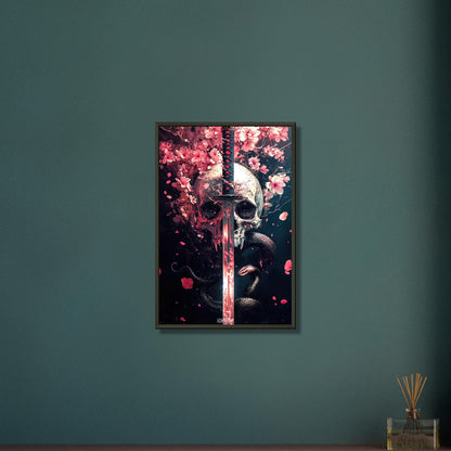 Totenkopf mit einem Katana, Blumen in Rosarot und einer Schlange auf einem Poster im Metallrahmen
