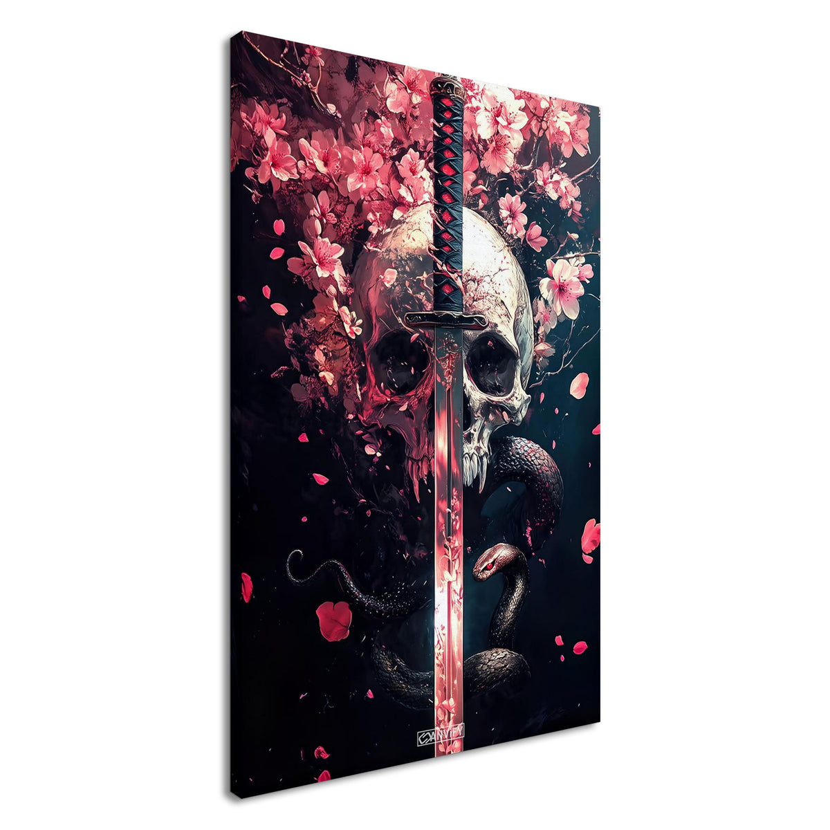 Totenkopf mit einem Katana, Blumen in Rosarot und einer Schlange auf einer Leinwand