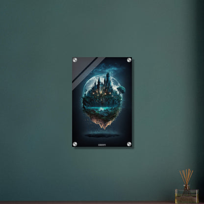 Mystisches Schloss im Stil von Hogwarts mit einem See und Vollmond auf einem Acrylbild