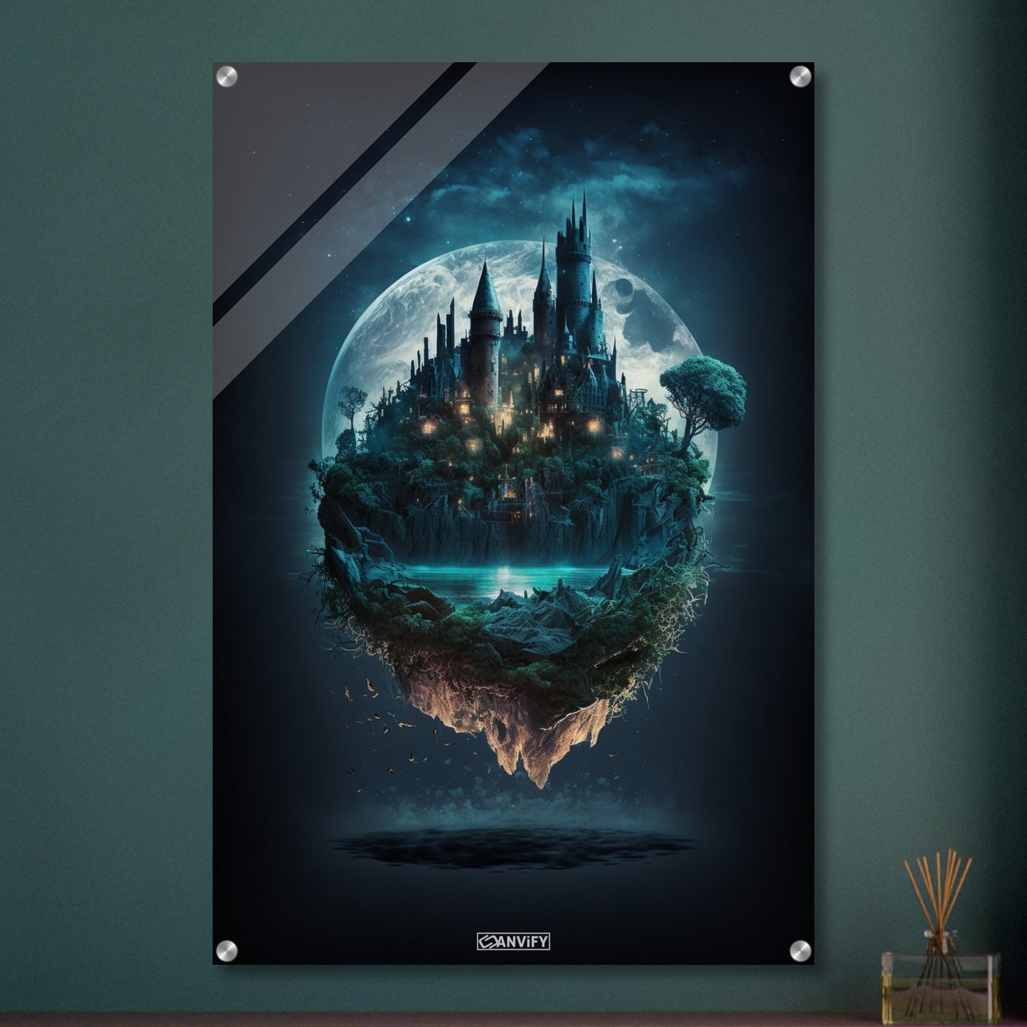 Mystisches Schloss im Stil von Hogwarts mit einem See und Vollmond auf einem Acrylbild