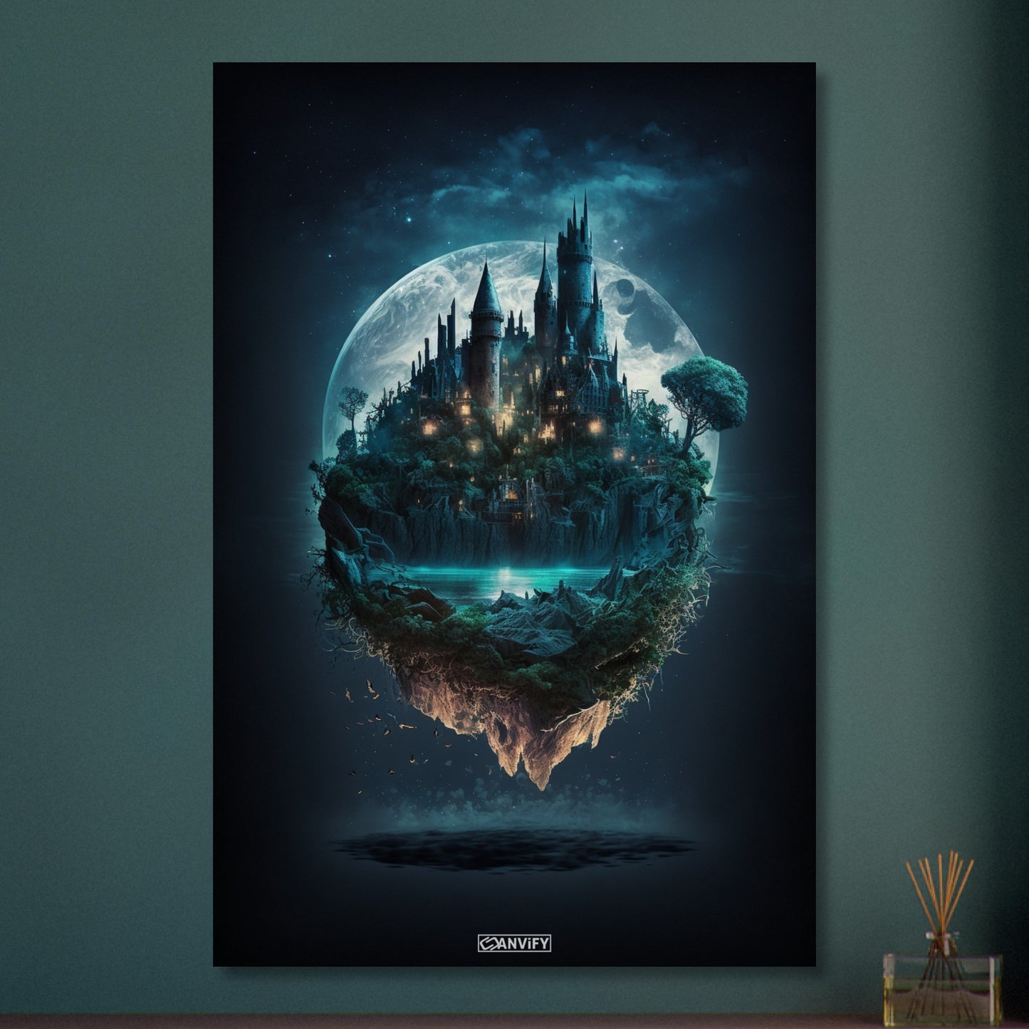 Mystisches Schloss im Stil von Hogwarts mit einem See und Vollmond auf Aluminium