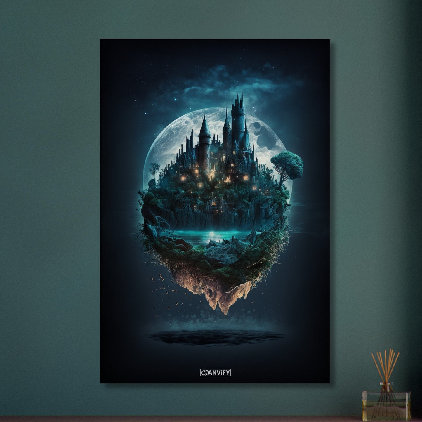 Mystisches Schloss im Stil von Hogwarts mit einem See und Vollmond auf einer Leinwand