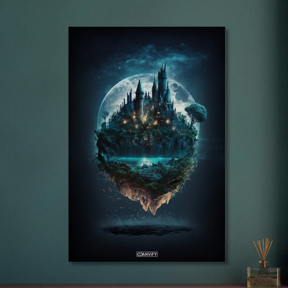 Mystisches Schloss im Stil von Hogwarts mit einem See und Vollmond auf einer Leinwand