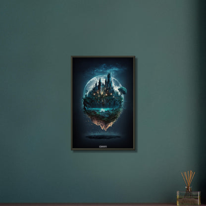 Mystisches Schloss im Stil von Hogwarts mit einem See und Vollmond auf einem Poster im Metallrahmen