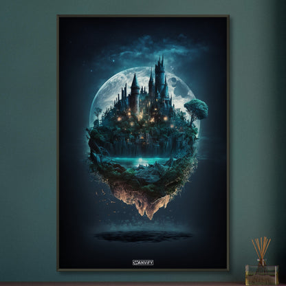Mystisches Schloss im Stil von Hogwarts mit einem See und Vollmond auf einem Poster im Metallrahmen