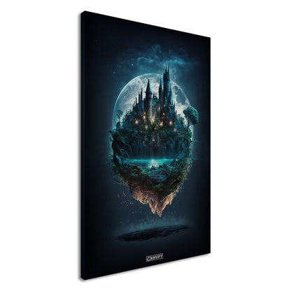 Mystisches Schloss im Stil von Hogwarts mit einem See und Vollmond auf einer Leinwand