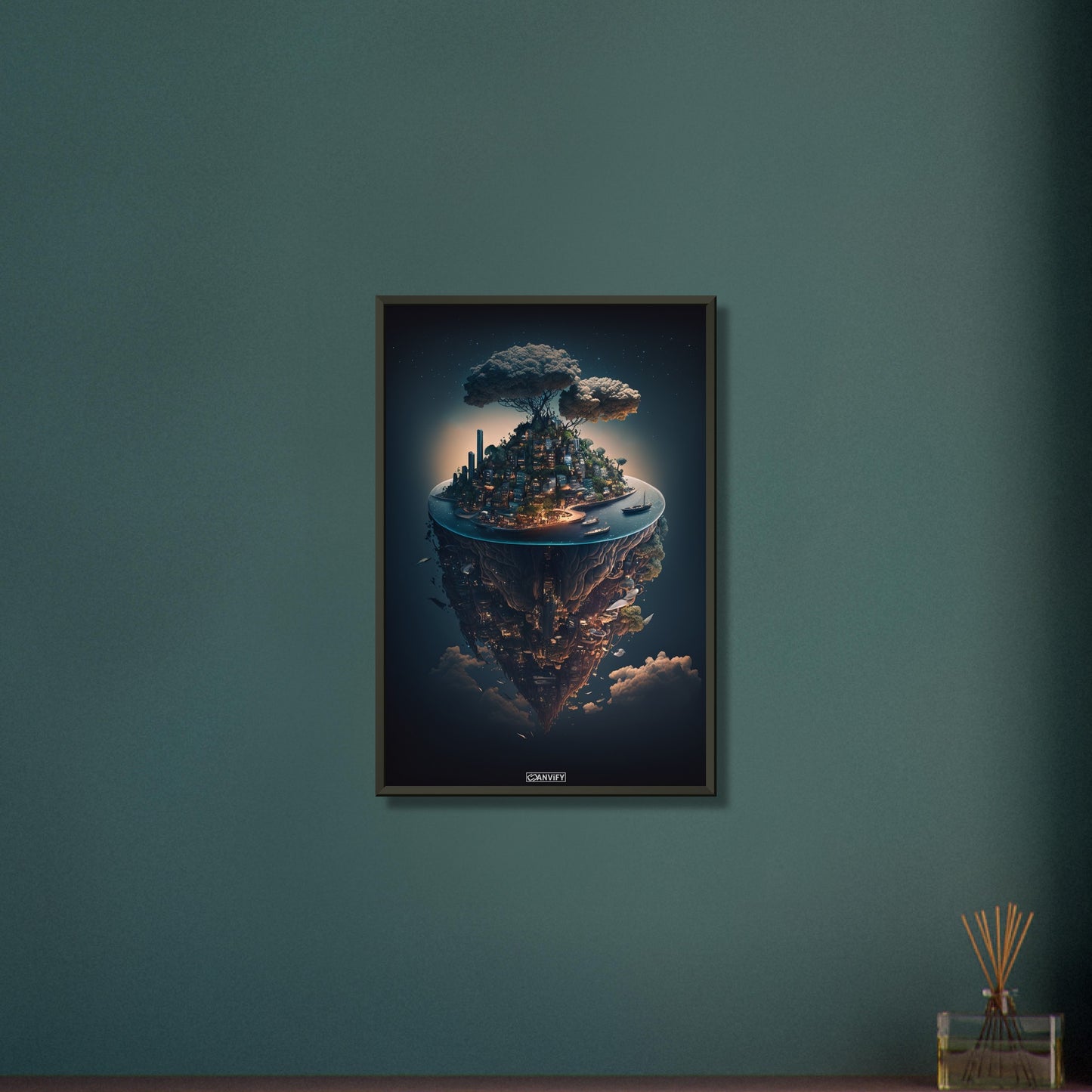 Schwebende Stadt über den Wolken auf einem Poster im Metallrahmen