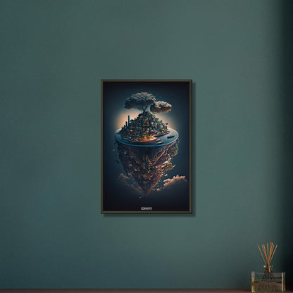 Schwebende Stadt über den Wolken auf einem Poster im Metallrahmen