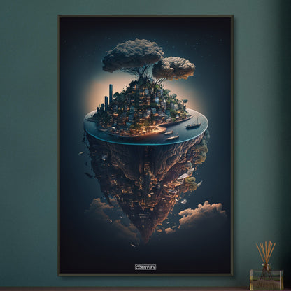 Schwebende Stadt über den Wolken auf einem Poster im Metallrahmen