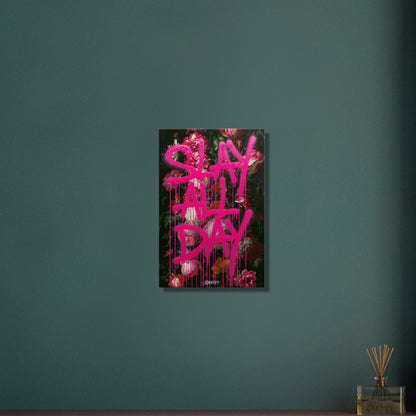 Blumen mit Spruch "Slay All Day" in pinker Graffiti Schrift auf einer Leinwand
