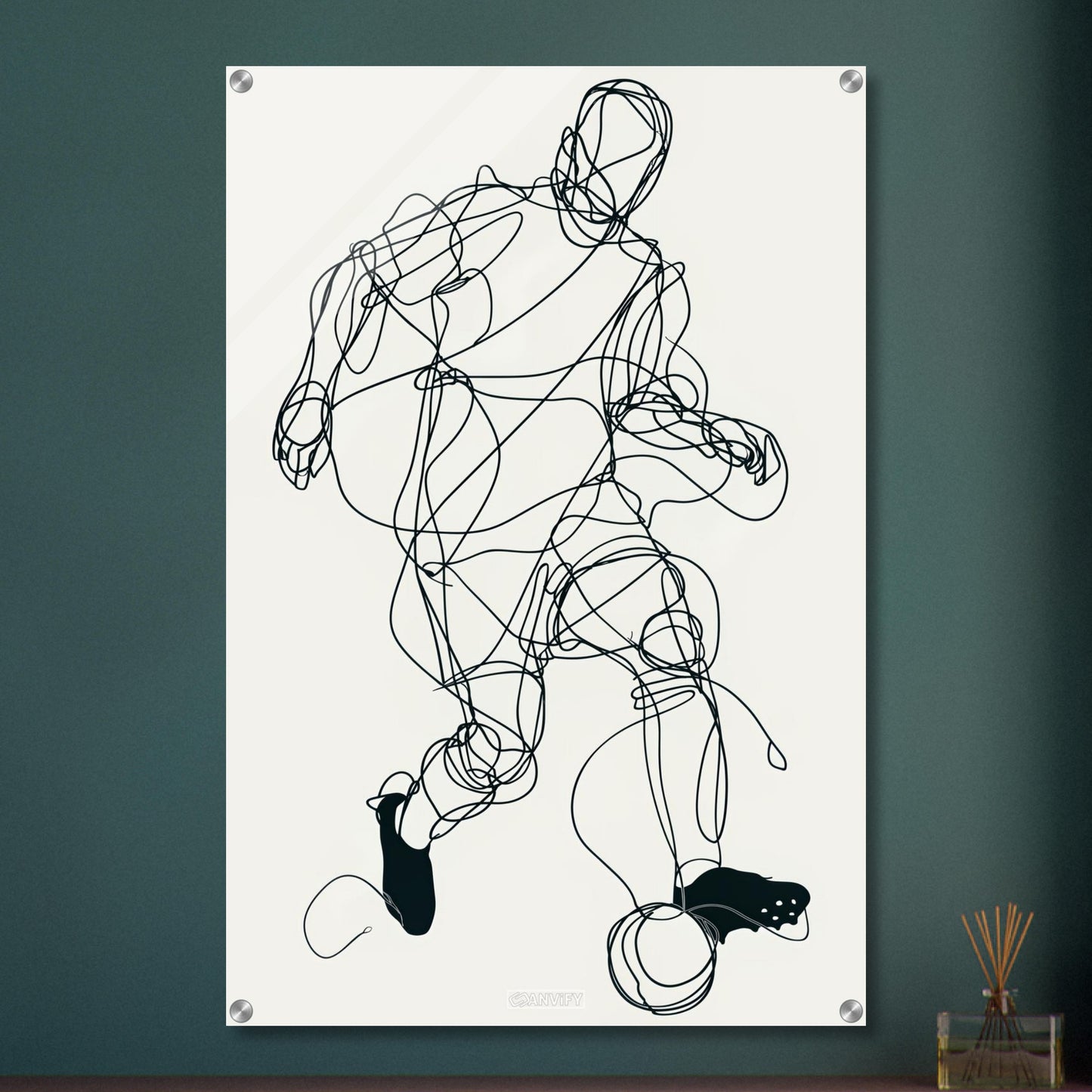 Fußballspieler gezeichnet mit einer Linie auf einem Acrylbild