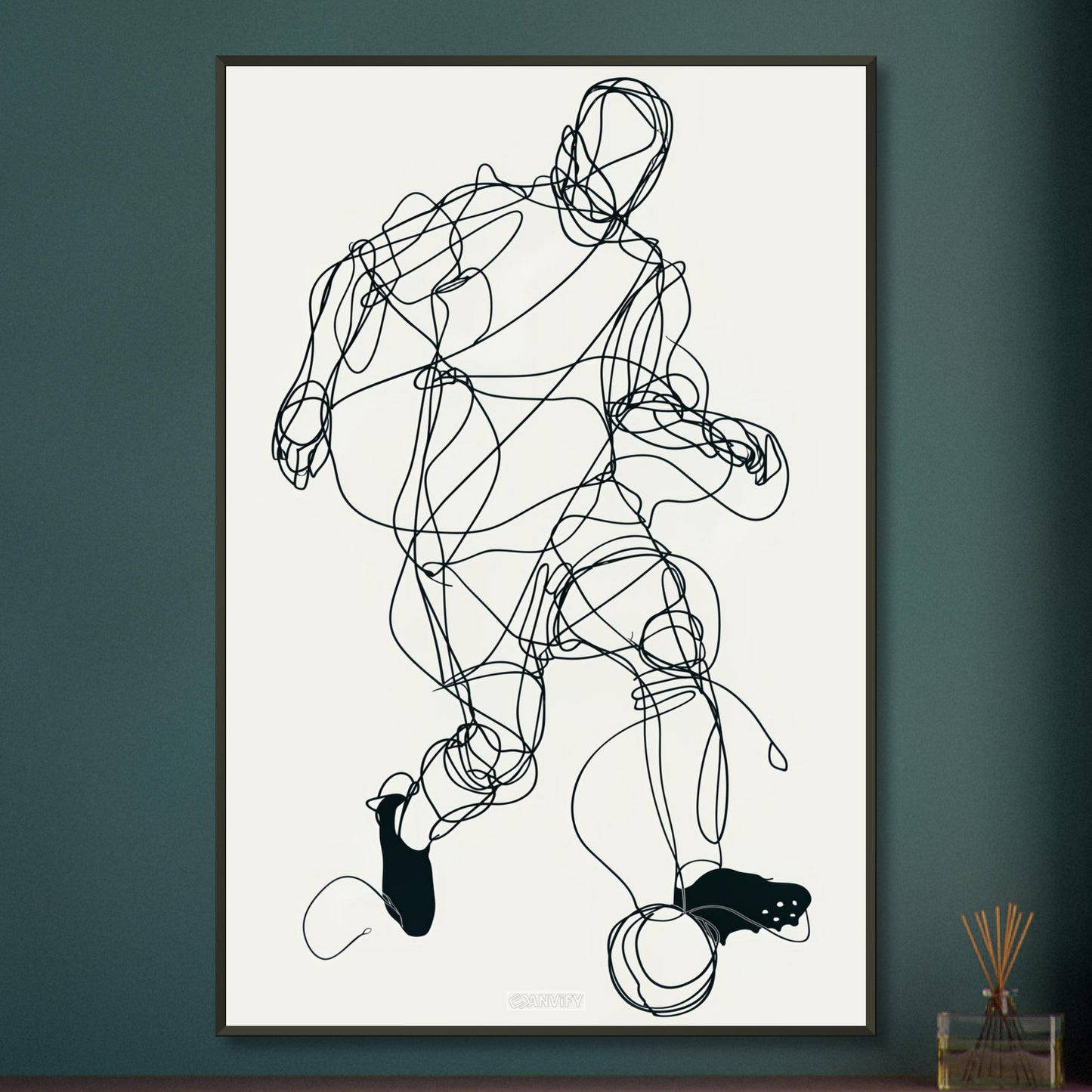 Fußballspieler gezeichnet mit einer Linie auf einem Poster im Metallrahmen