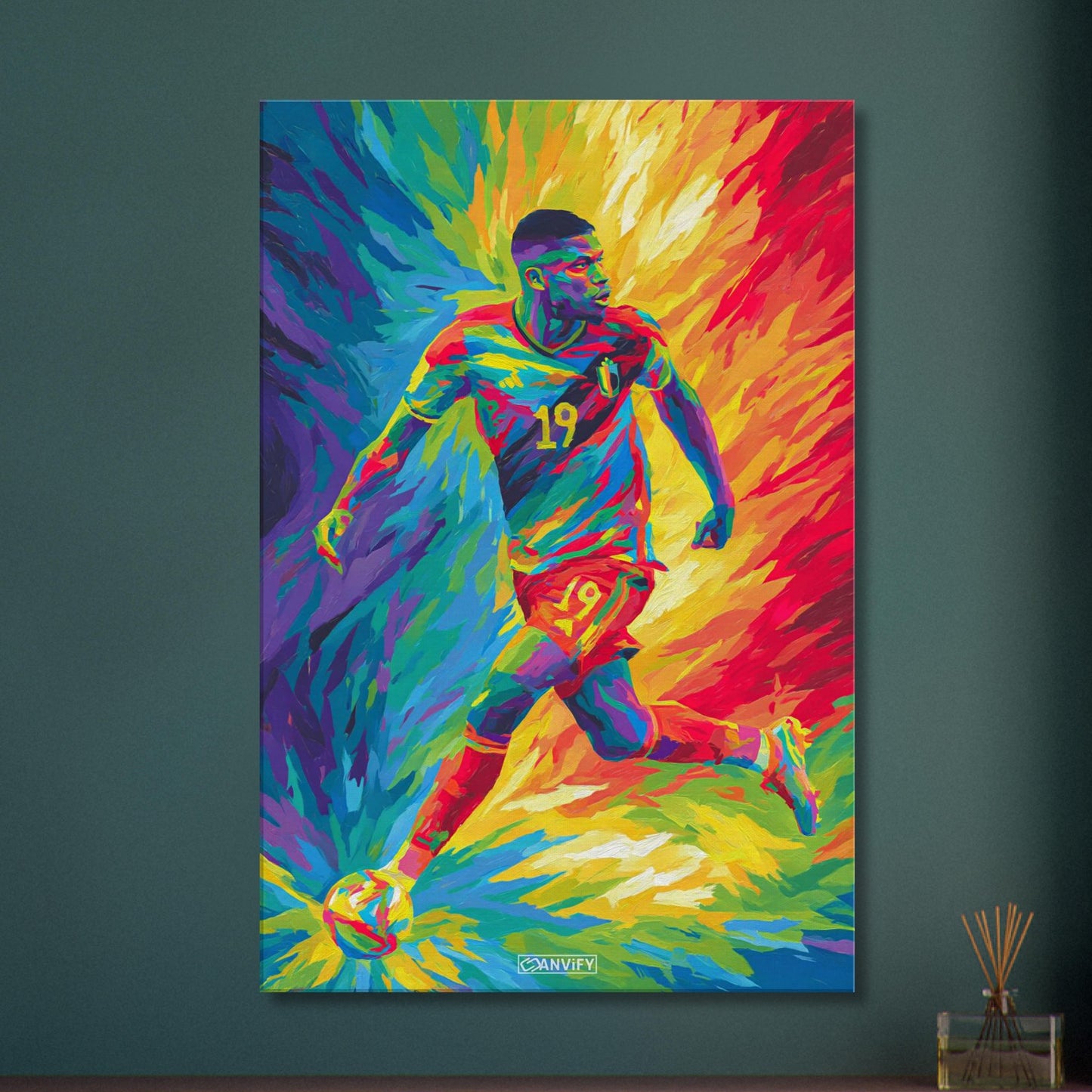 Lois Openda mit der Nummer 19 im belgischen Nationaltrikot im Pop Art Stil auf einer Leinwand