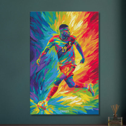 Lois Openda mit der Nummer 19 im belgischen Nationaltrikot im Pop Art Stil auf einer Leinwand