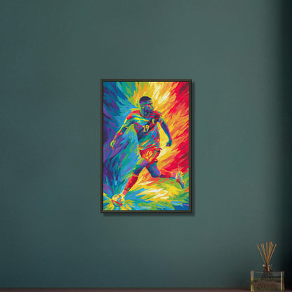 Lois Openda mit der Nummer 19 im belgischen Nationaltrikot im Pop Art Stil auf einem Poster im Metallrahmen