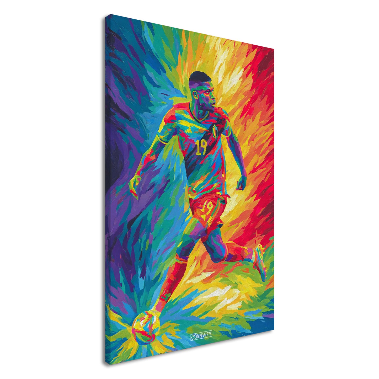 Lois Openda mit der Nummer 19 im belgischen Nationaltrikot im Pop Art Stil auf einer Leinwand