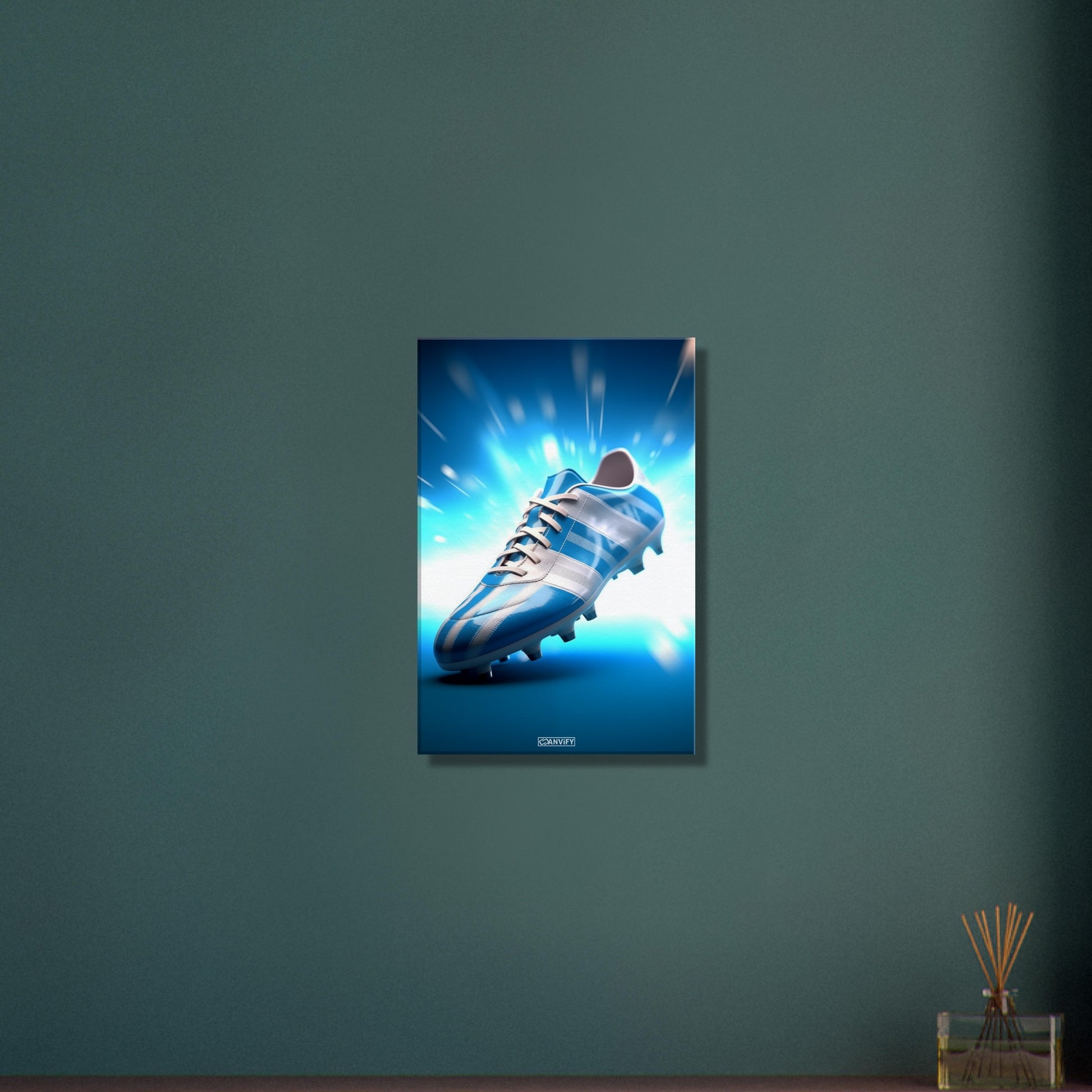 Fußballschuh in Farben von Argentinien auf einer Leinwand
