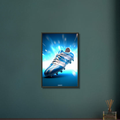 Fußballschuh in Farben von Argentinien auf einem Poster im Metallrahmen