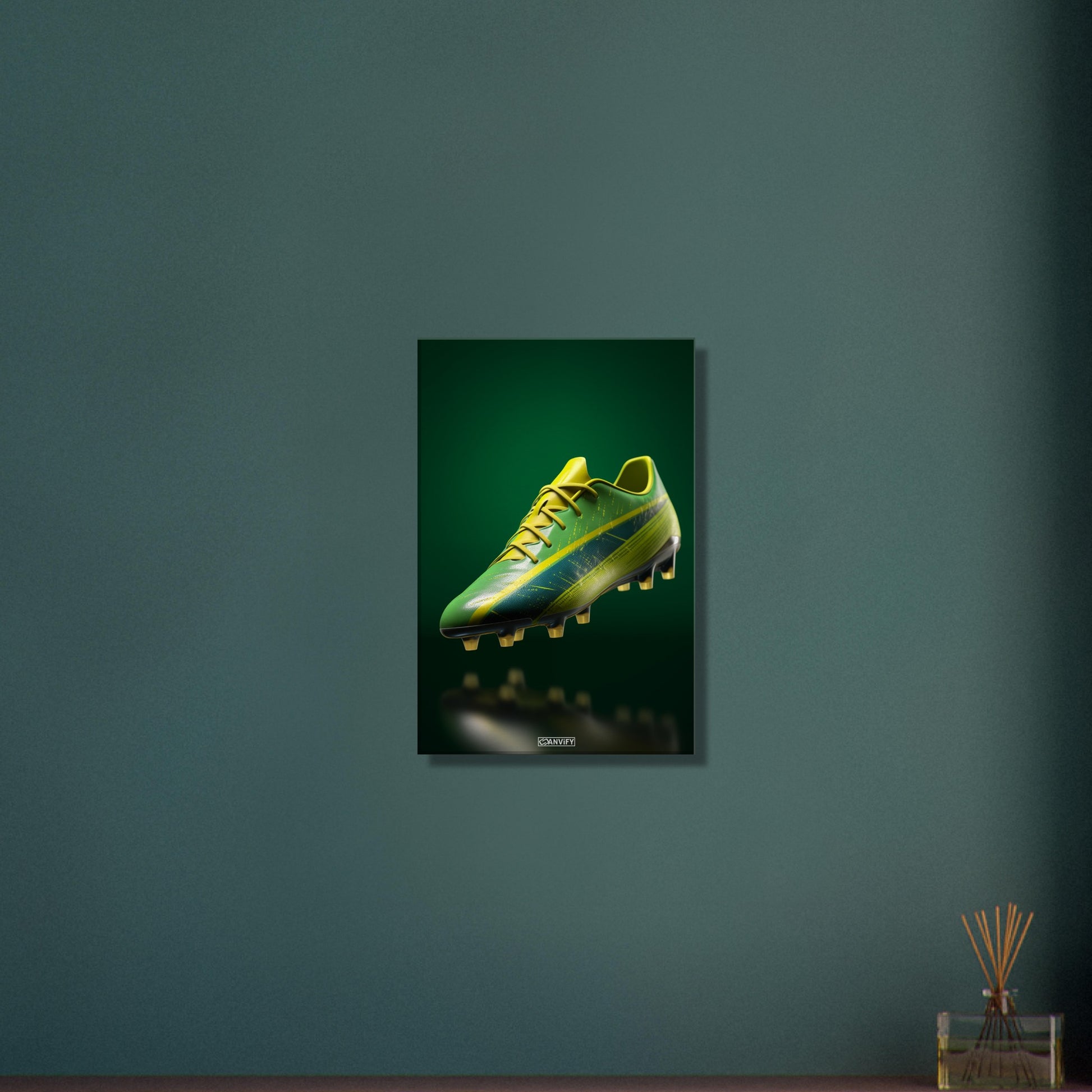 Fußballschuh in Farben von Brasilien auf einer Leinwand