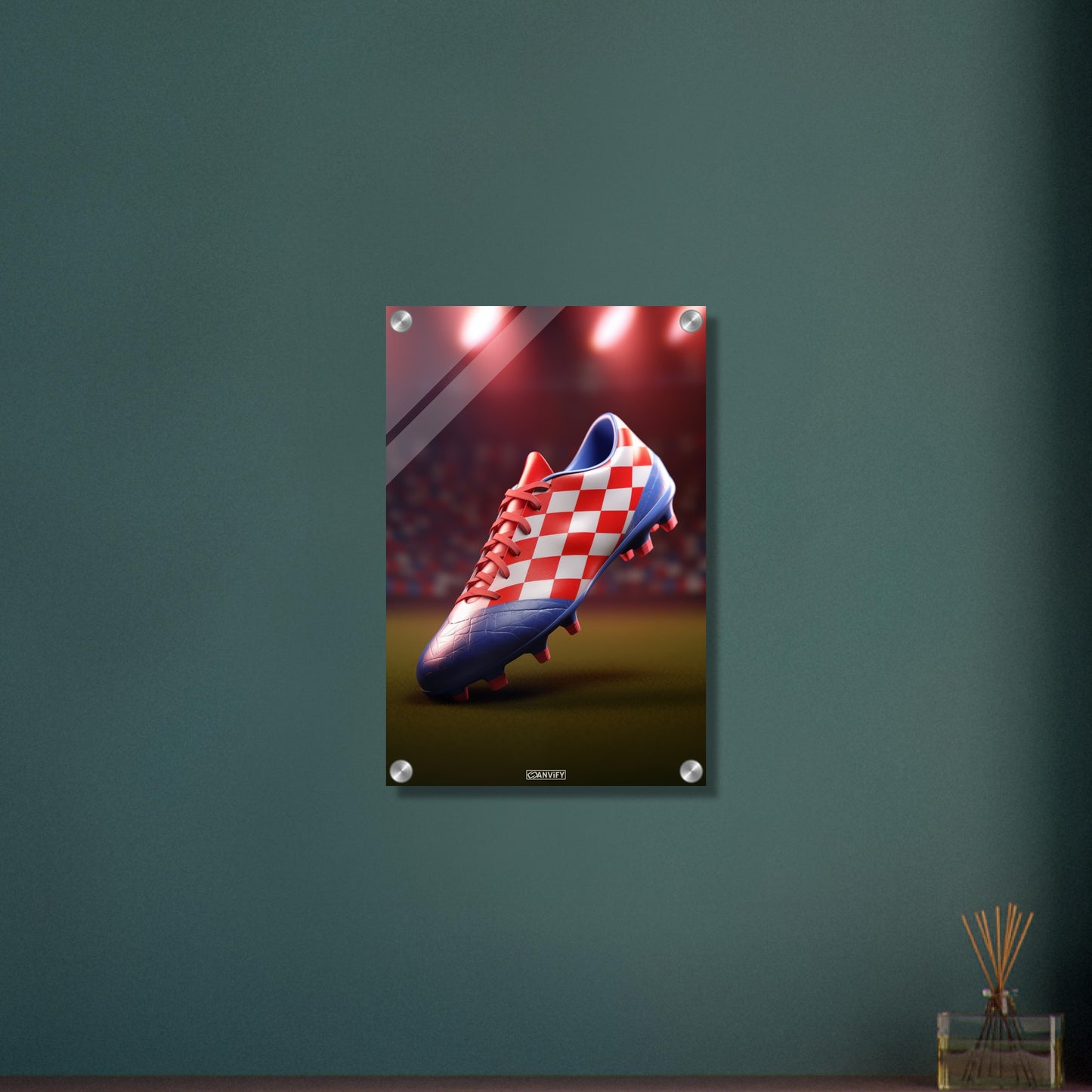 Fußballschuh in Farben von Kroatien auf einem Acrylbild