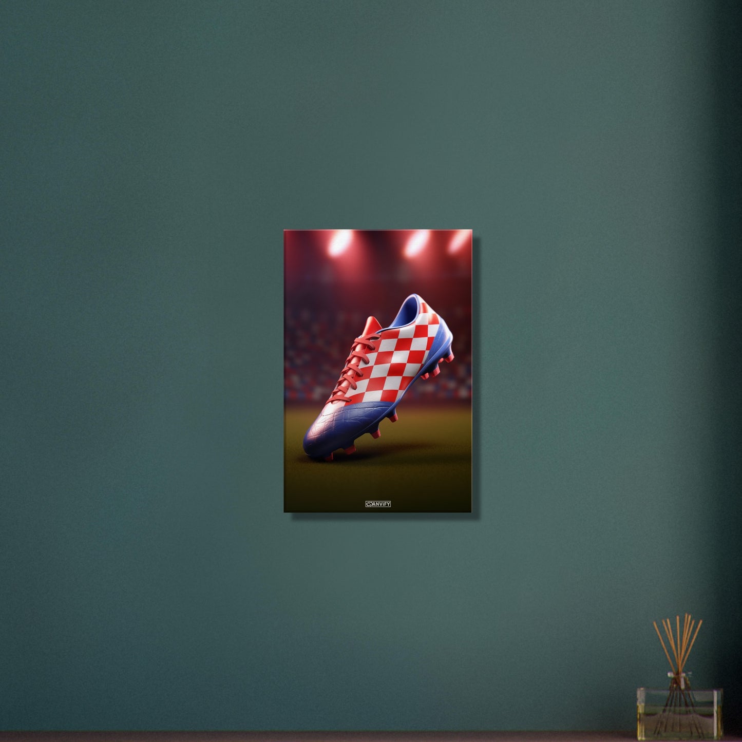 Fußballschuh in Farben von Kroatien auf einer Leinwand