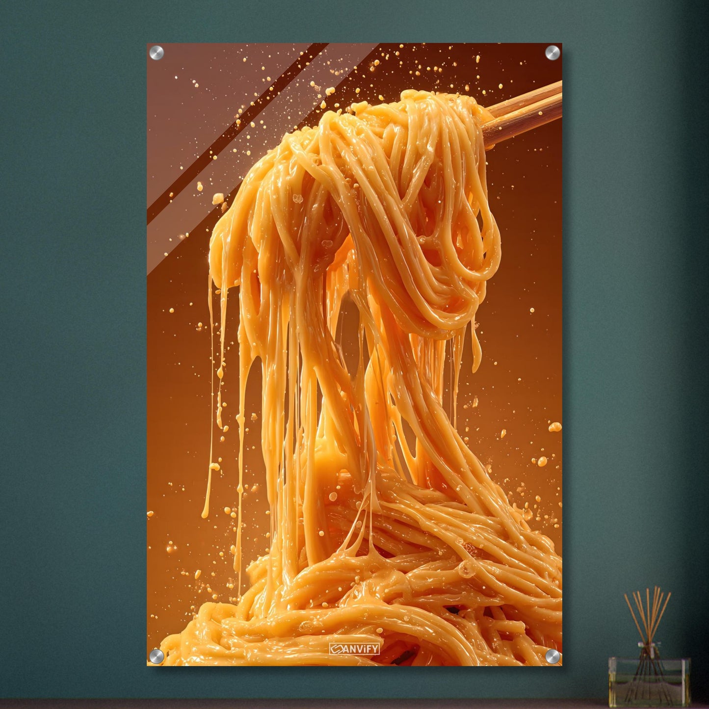 Spaghetti mit cremiger Käsesauce auf einem Acrylbild