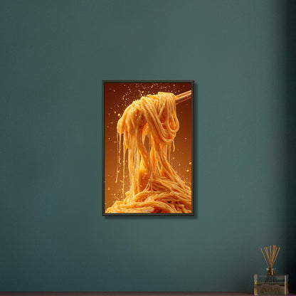 Spaghetti mit cremiger Käsesauce auf einem Poster im Metallrahmen