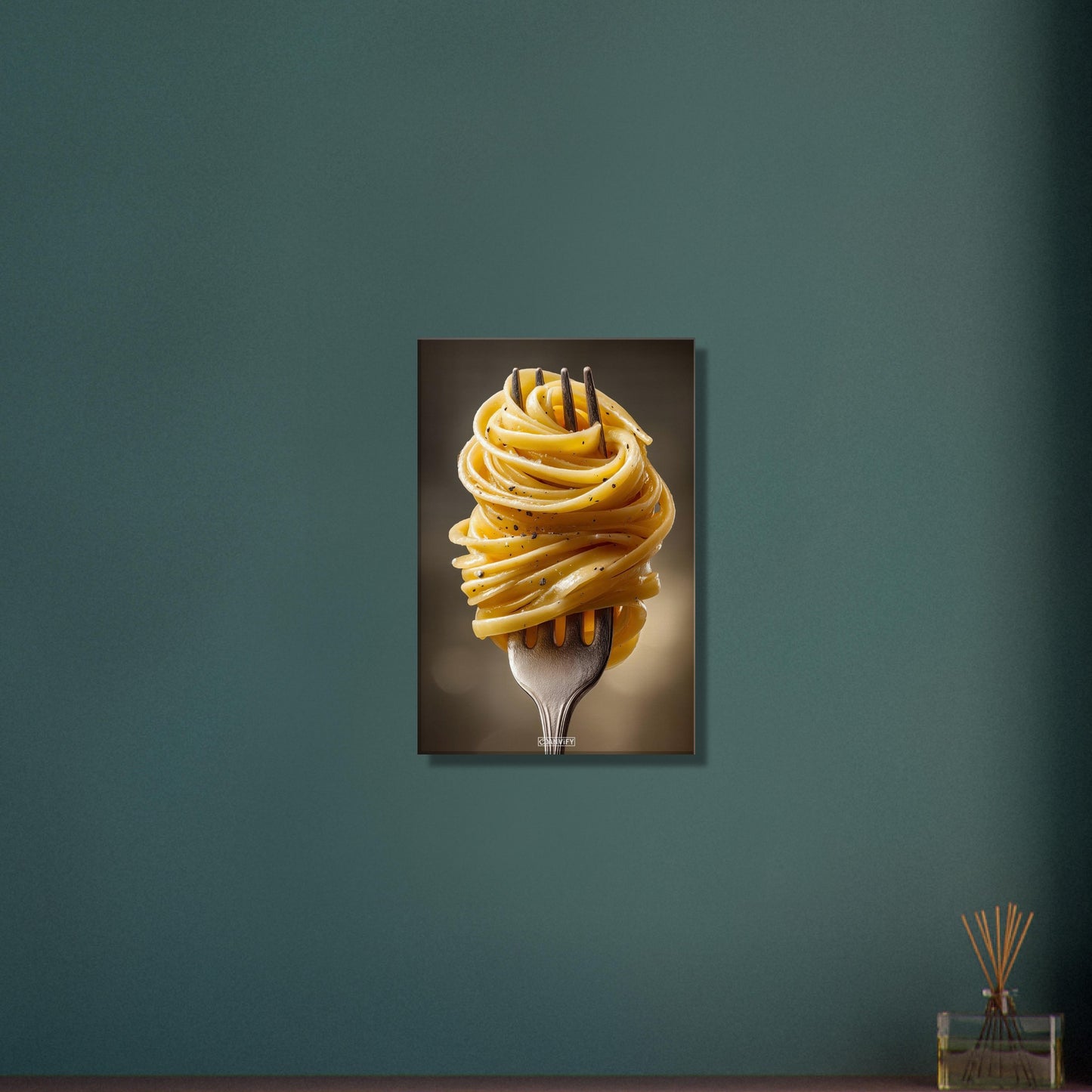 Spaghetti mit Kräutern auf einer Leinwand