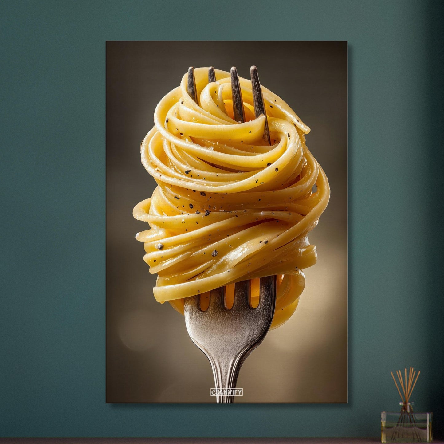 Spaghetti mit Kräutern auf einer Leinwand
