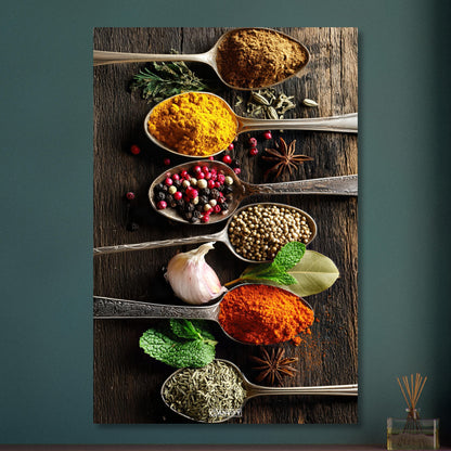 Pfeffer, Harissa, Curry, Kreuzkümmel und Zimt im Löffel auf Aluminium